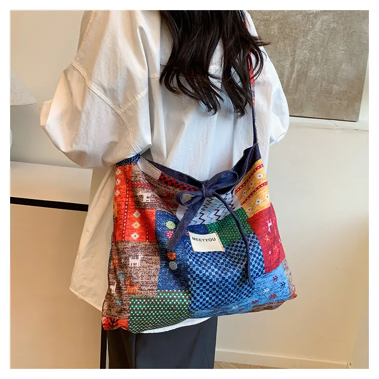 2025 Ethnic Patchwork Shoulder Bag with Blue Net Trim — feature 15
