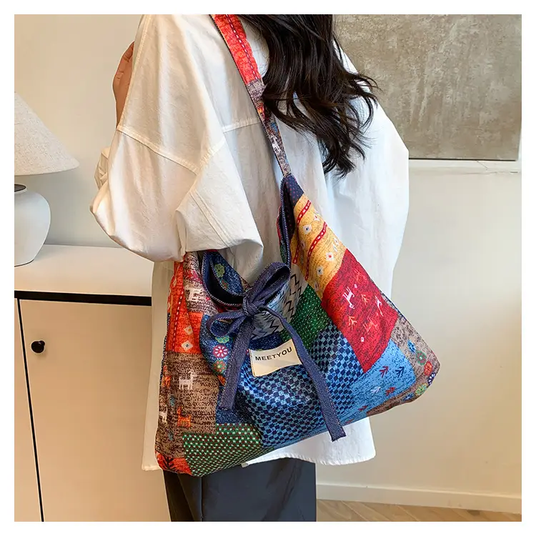 2025 Ethnic Patchwork Shoulder Bag with Blue Net Trim — feature 17