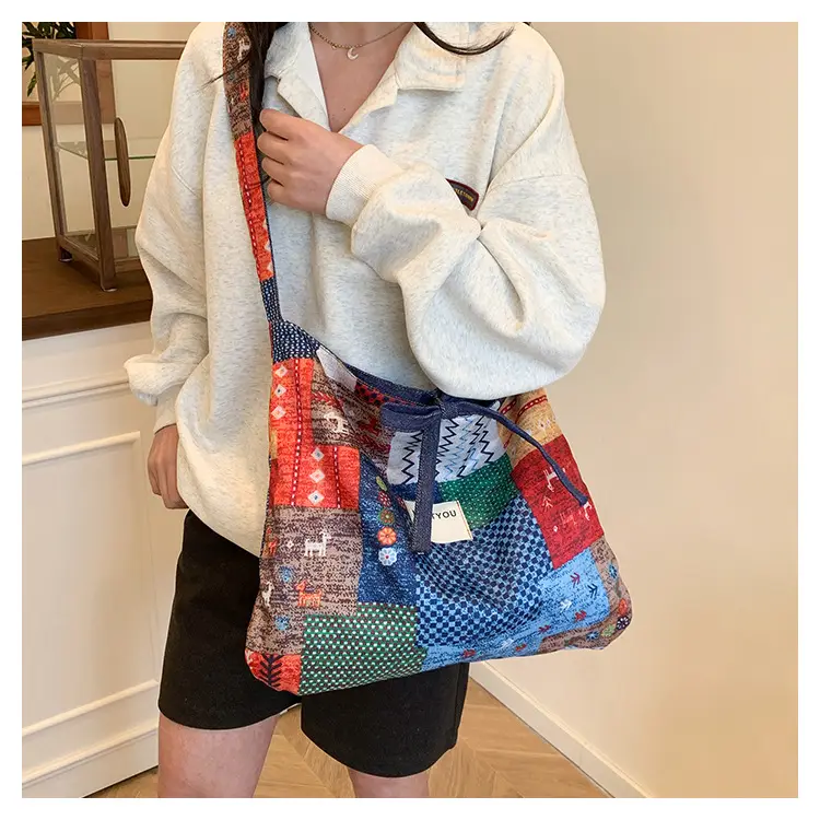 2025 Ethnic Patchwork Shoulder Bag with Blue Net Trim — feature 21