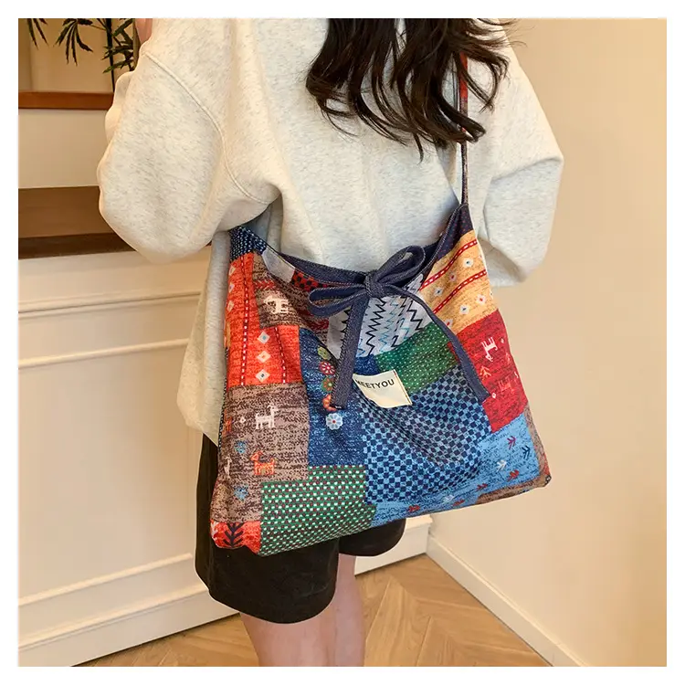 2025 Ethnic Patchwork Shoulder Bag with Blue Net Trim — feature 22