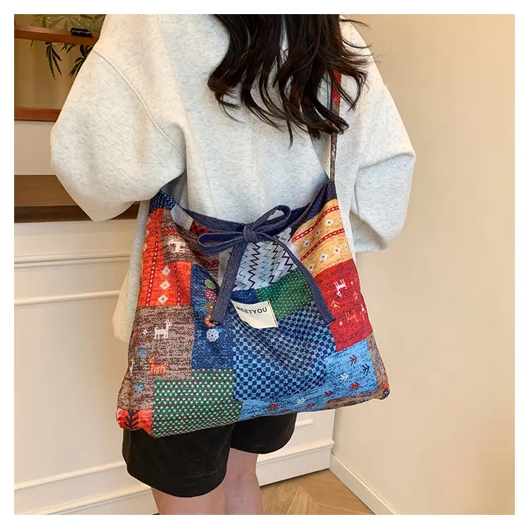 2025 Ethnic Patchwork Shoulder Bag with Blue Net Trim — feature 23