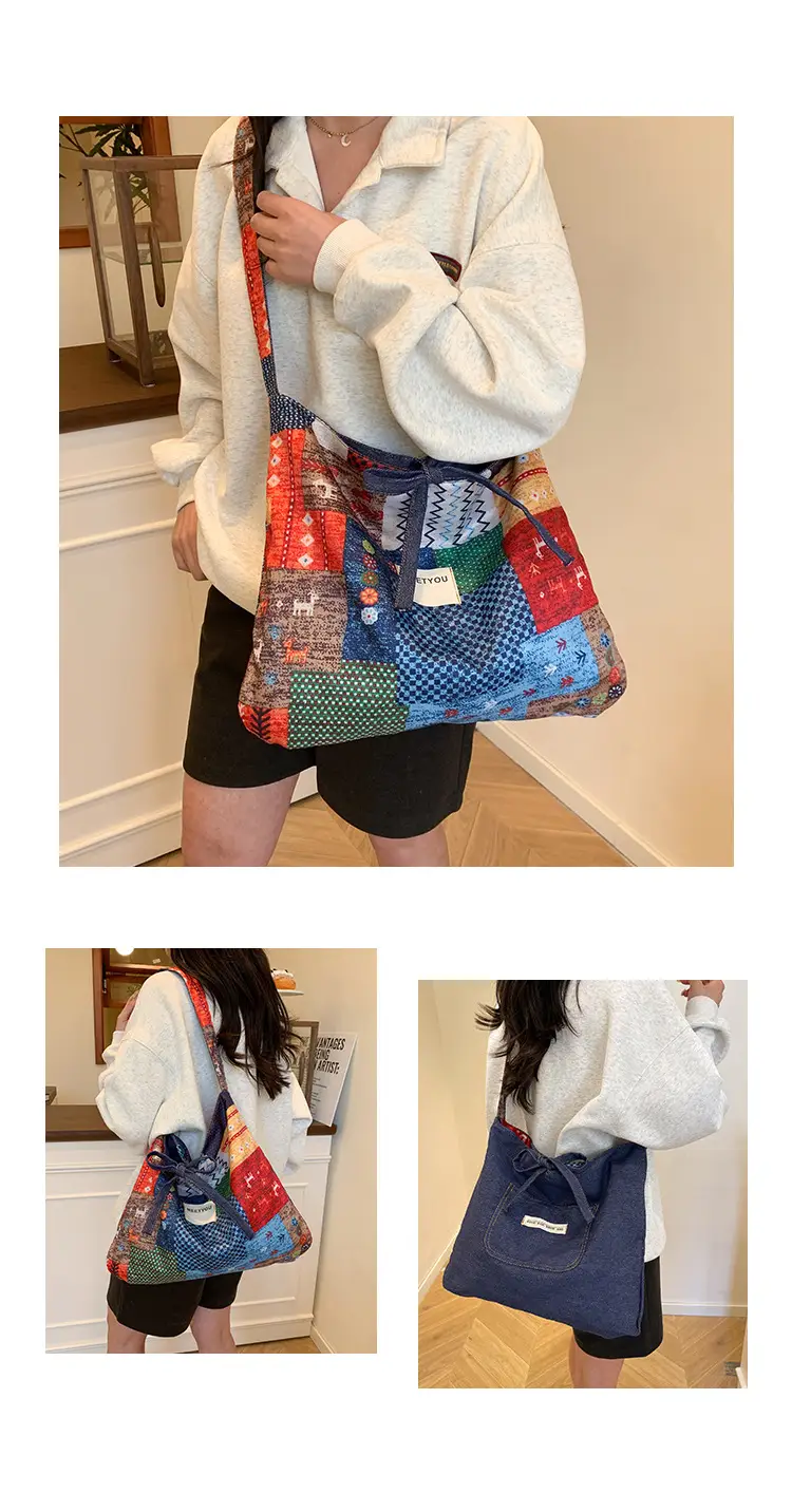 2025 Ethnic Patchwork Shoulder Bag with Blue Net Trim — feature 9