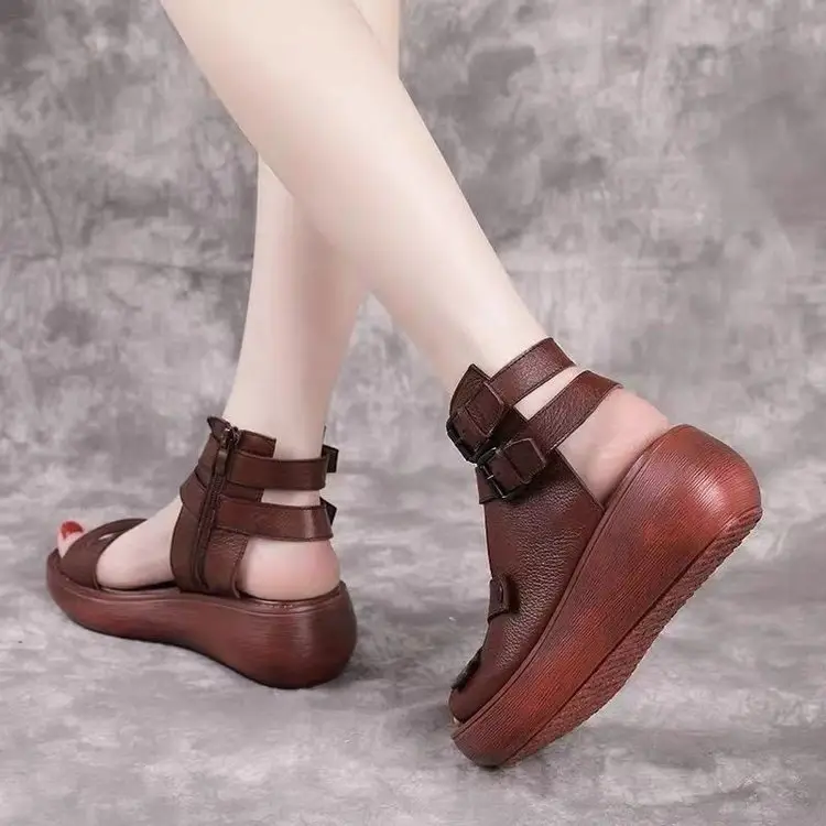 Women's Brown Leather High Heel Wedge Sandals 2025 - Image 4