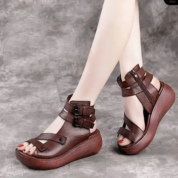 Women's Brown Leather High Heel Wedge Sandals 2025 — feature 4