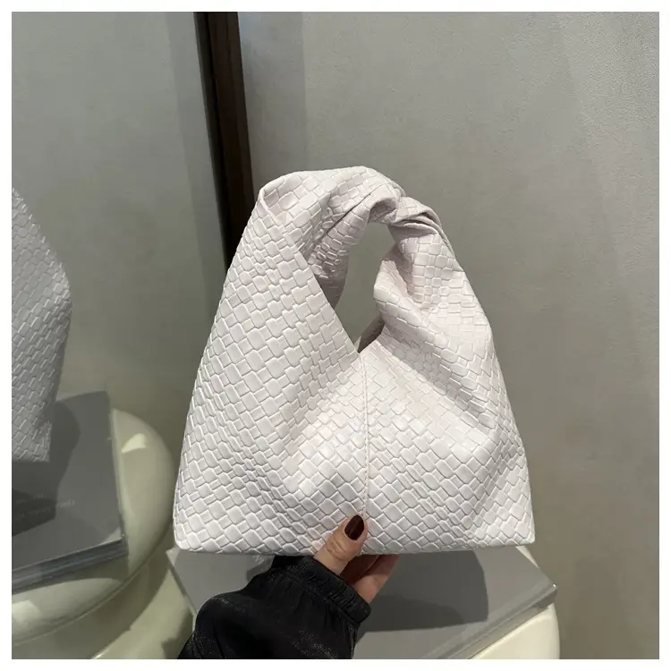 White Woven Shoulder Bag Large Capacity Soft Leather - Image 3