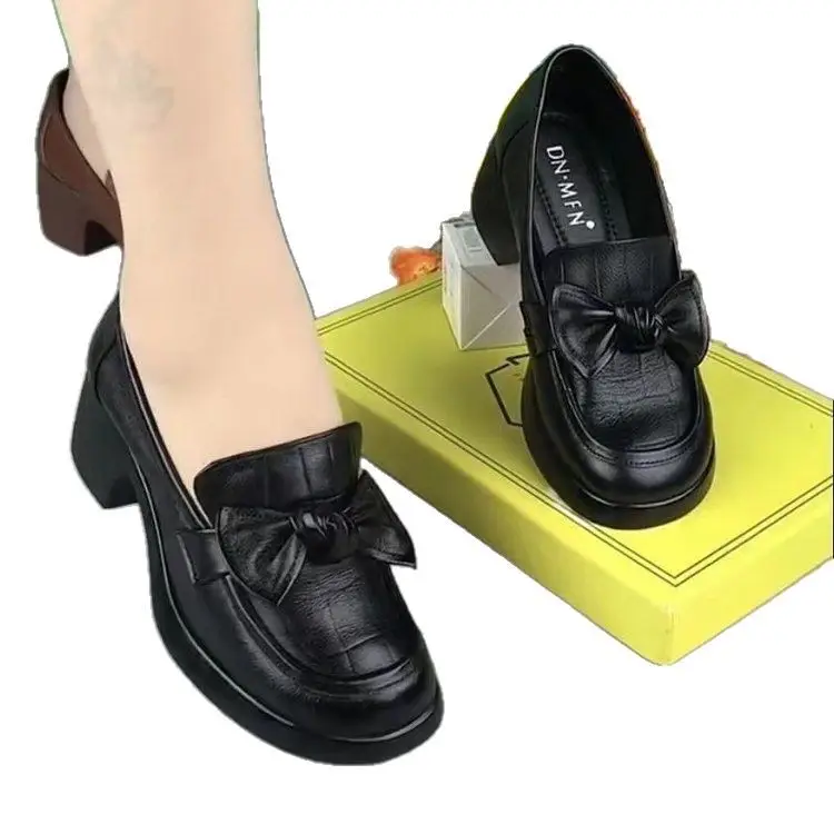 Women's 2025 Spring New All-match Bow Slip-on Thick-soled Single-layer Shoes Soft Leather Loafers for Women