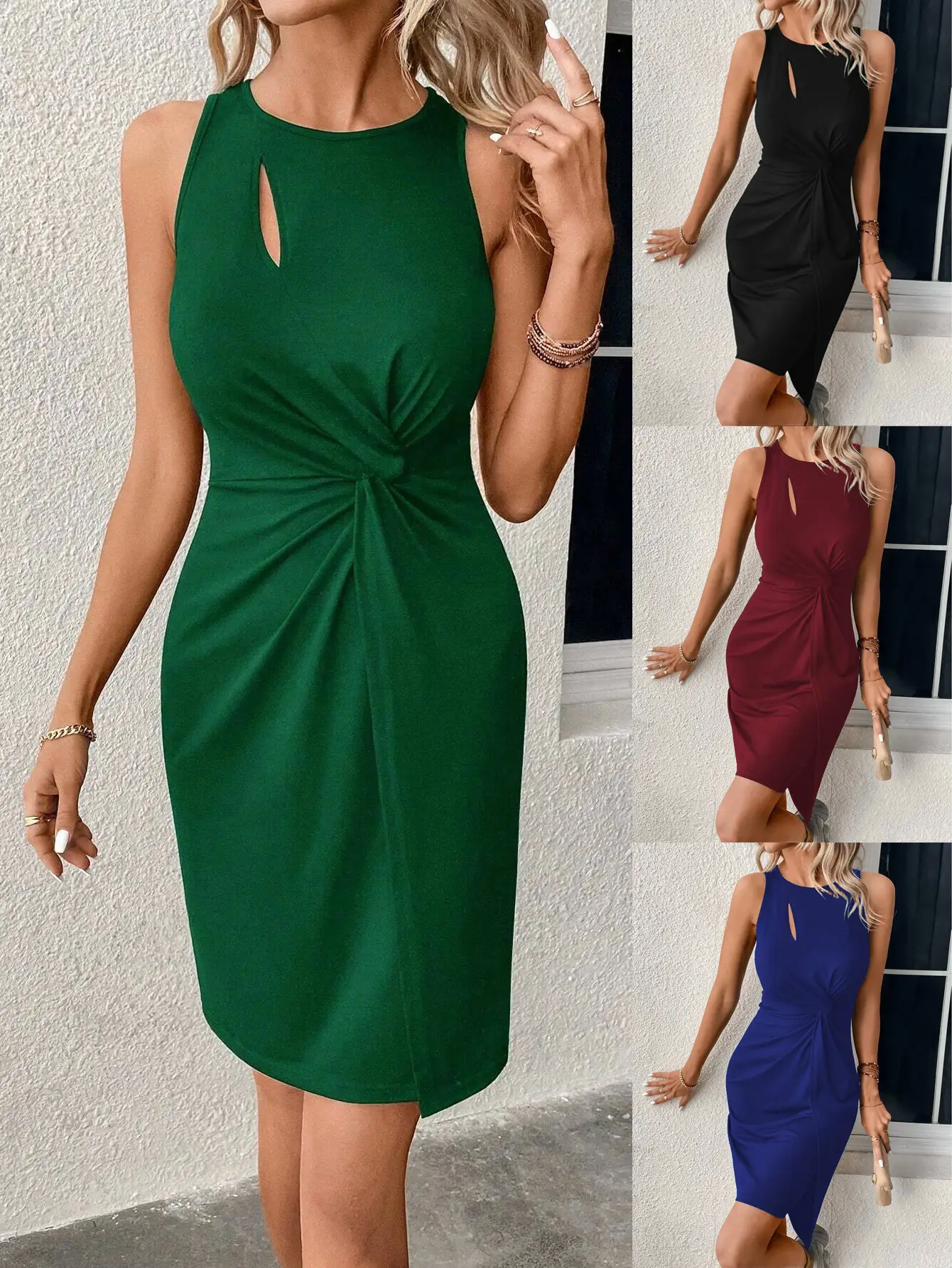 Blue Slim Fit Hollow Sleeveless Dress for Women - Image 5