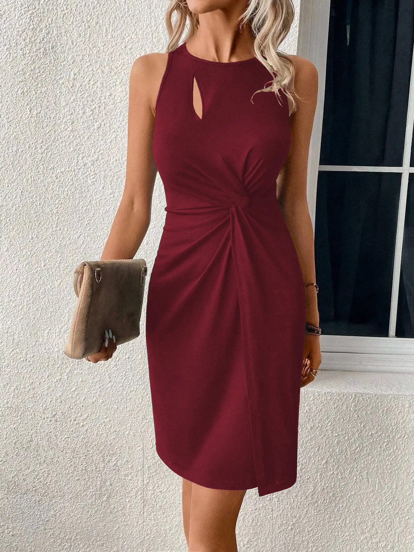 Blue Slim Fit Hollow Sleeveless Dress for Women — feature 3