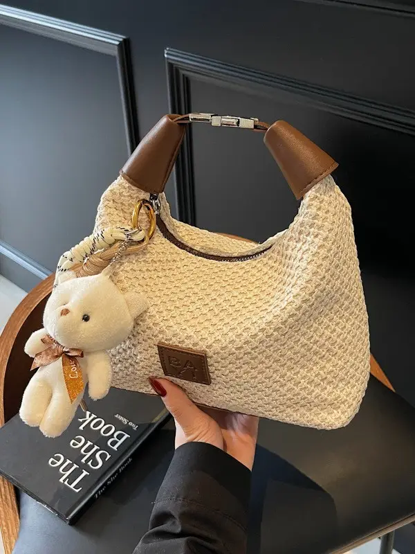 Women's Straw Shoulder Bag with Cute Bear Charm - Image 4
