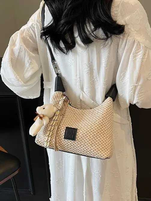 Women's Straw Shoulder Bag with Cute Bear Charm - Image 5