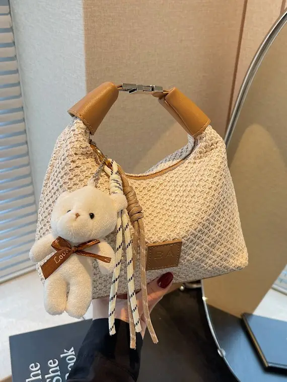 Women's Straw Shoulder Bag with Cute Bear Charm - Image 7