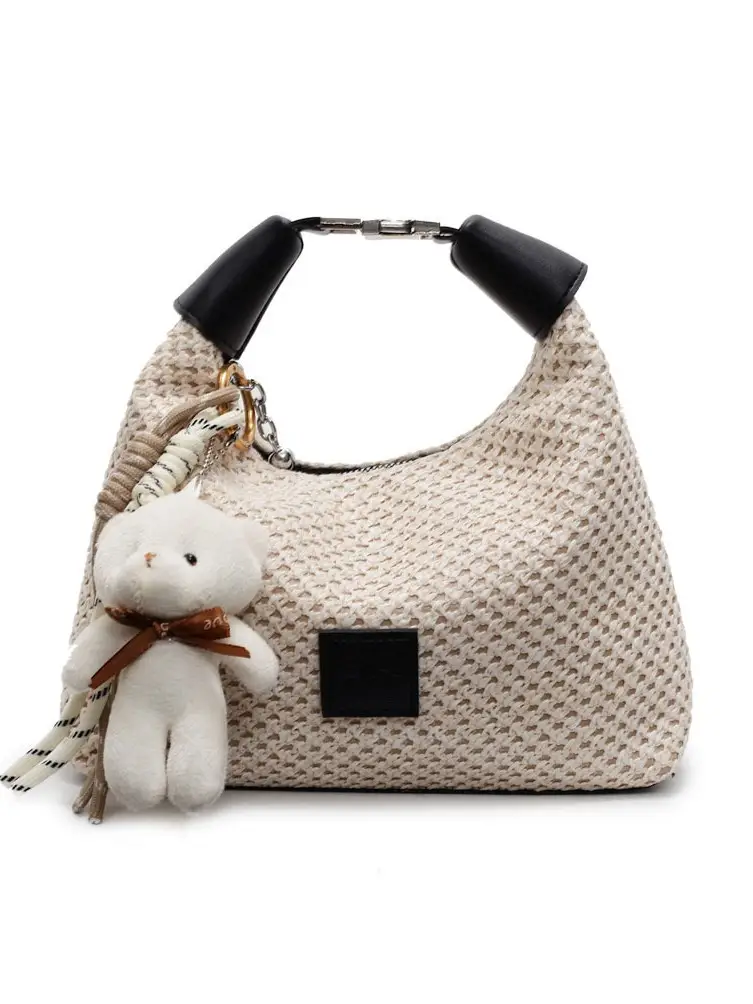 Women's Straw Shoulder Bag with Cute Bear Charm - Image 8