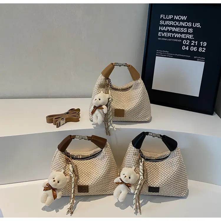 Women's Straw Shoulder Bag with Cute Bear Charm — feature 1