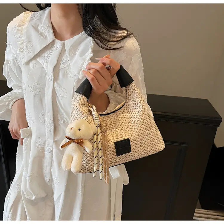 Women's Straw Shoulder Bag with Cute Bear Charm — feature 10