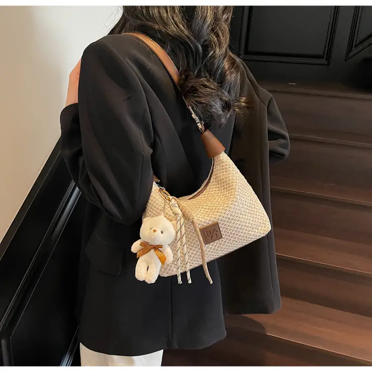 Women's Straw Shoulder Bag with Cute Bear Charm — feature 11