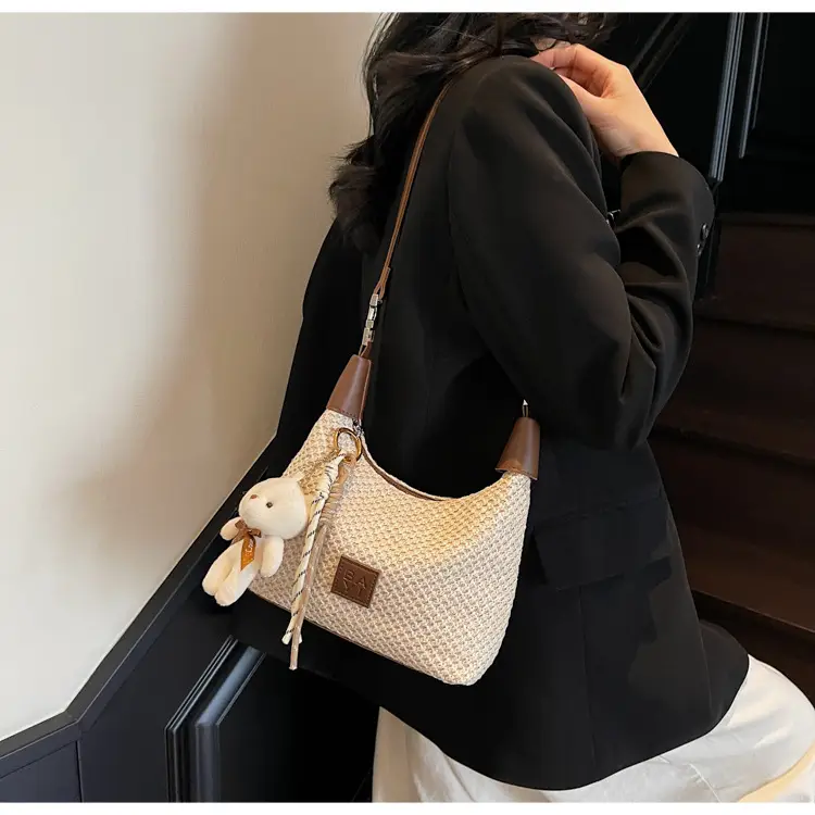 Women's Straw Shoulder Bag with Cute Bear Charm — feature 12