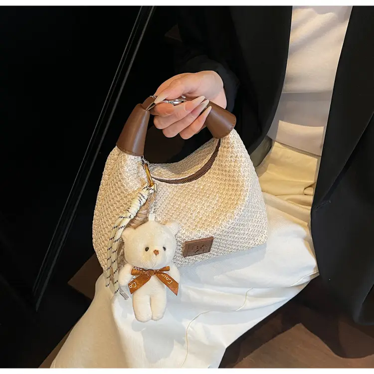 Women's Straw Shoulder Bag with Cute Bear Charm — feature 13