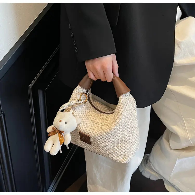Women's Straw Shoulder Bag with Cute Bear Charm — feature 14