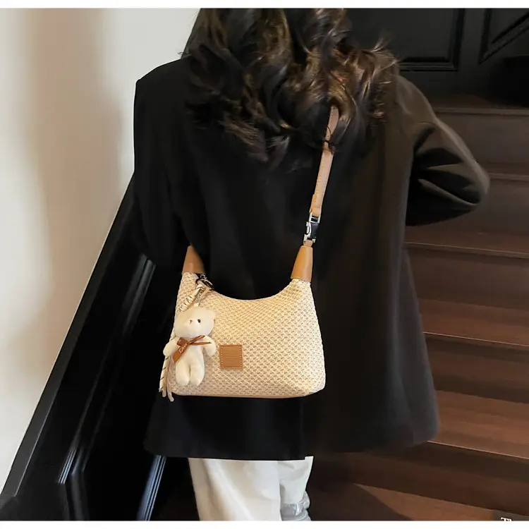 Women's Straw Shoulder Bag with Cute Bear Charm — feature 15