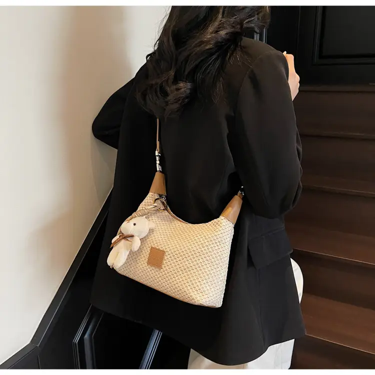 Women's Straw Shoulder Bag with Cute Bear Charm — feature 16