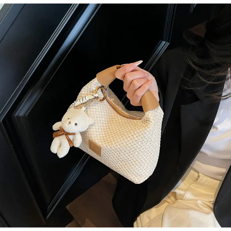 Women's Straw Shoulder Bag with Cute Bear Charm — feature 17