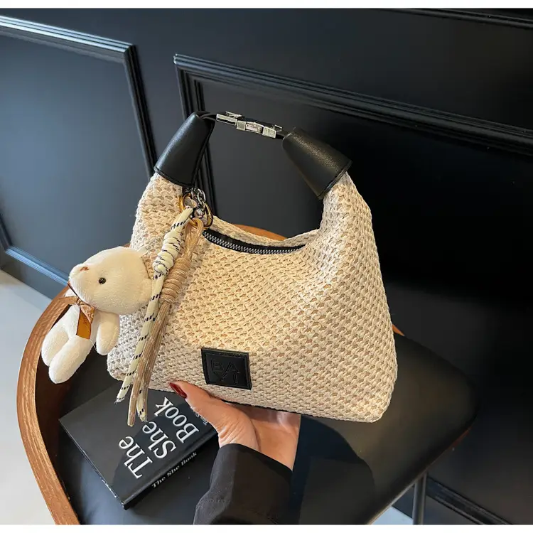 Women's Straw Shoulder Bag with Cute Bear Charm — feature 18
