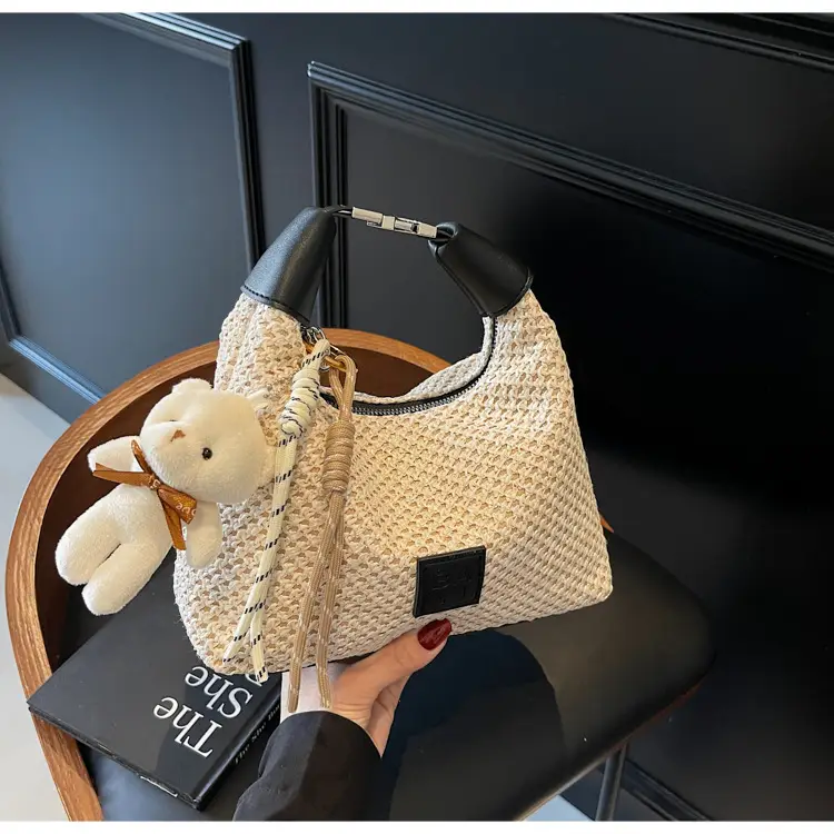 Women's Straw Shoulder Bag with Cute Bear Charm — feature 19