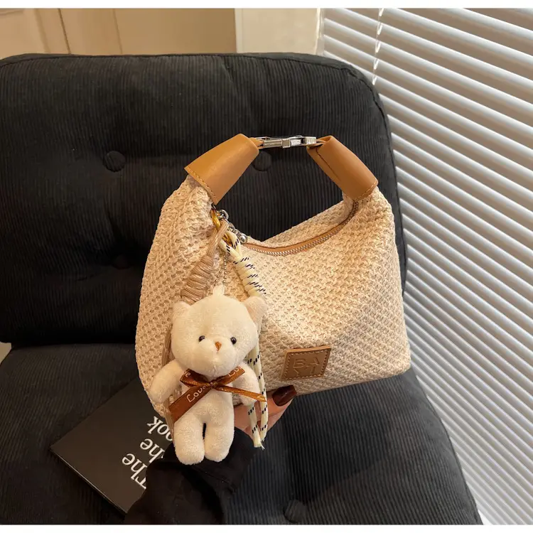 Women's Straw Shoulder Bag with Cute Bear Charm — feature 21