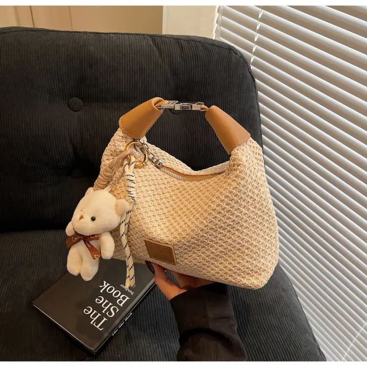 Women's Straw Shoulder Bag with Cute Bear Charm — feature 22