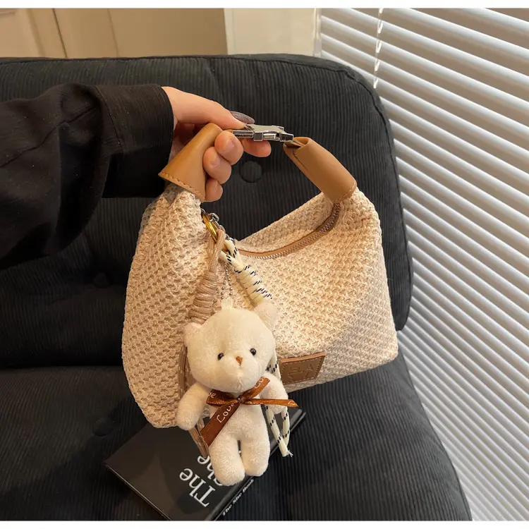 Women's Straw Shoulder Bag with Cute Bear Charm — feature 23