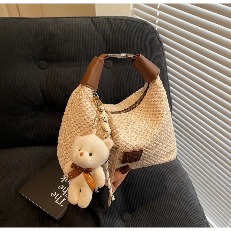 Women's Straw Shoulder Bag with Cute Bear Charm — feature 24