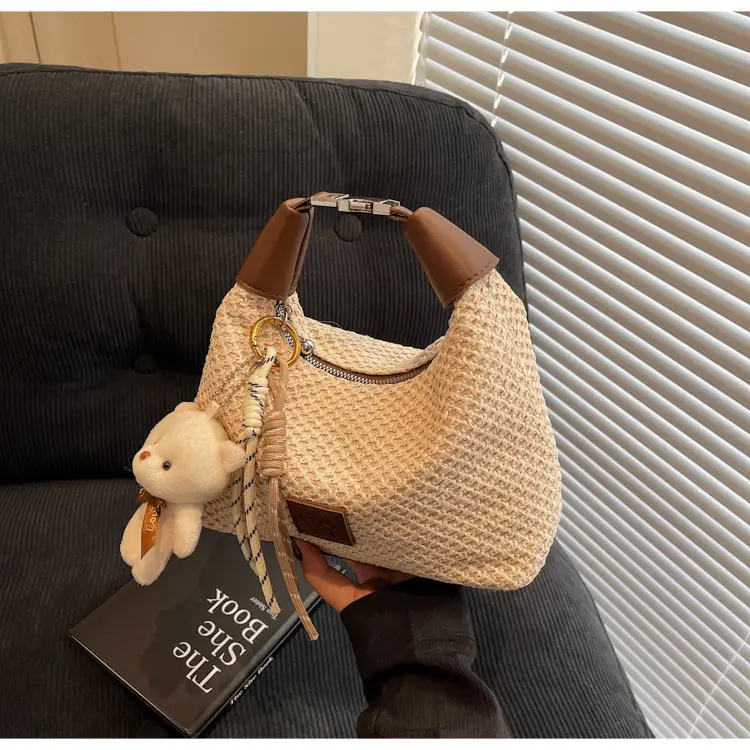 Women's Straw Shoulder Bag with Cute Bear Charm — feature 25