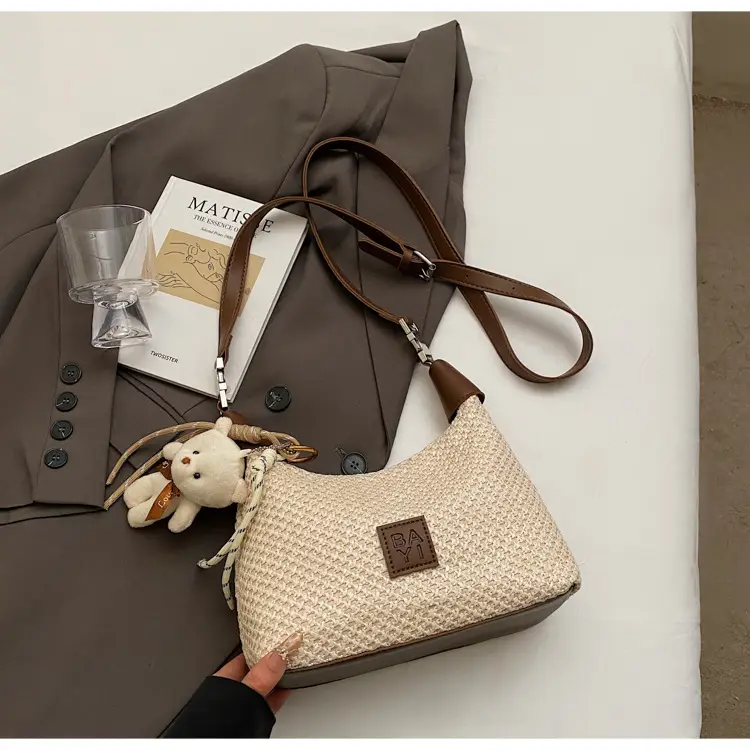 Women's Straw Shoulder Bag with Cute Bear Charm — feature 26