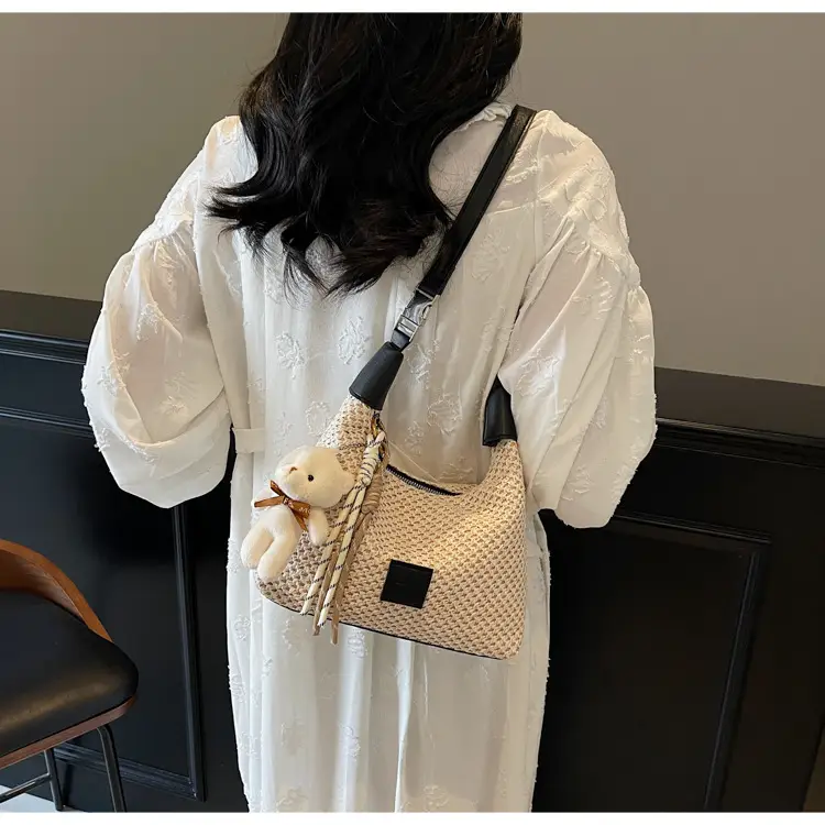 Women's Straw Shoulder Bag with Cute Bear Charm — feature 7