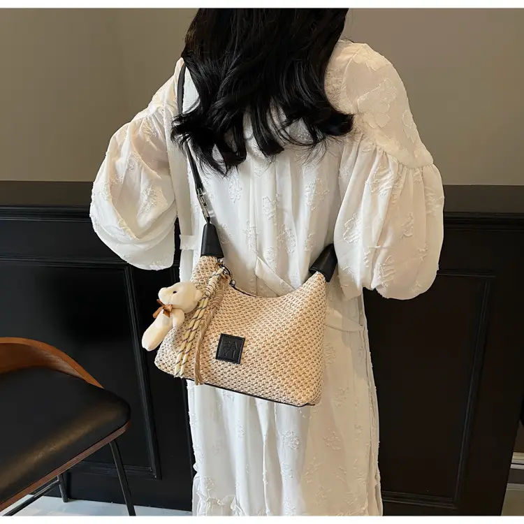 Women's Straw Shoulder Bag with Cute Bear Charm — feature 8