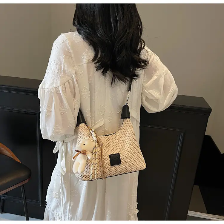 Women's Straw Shoulder Bag with Cute Bear Charm — feature 9