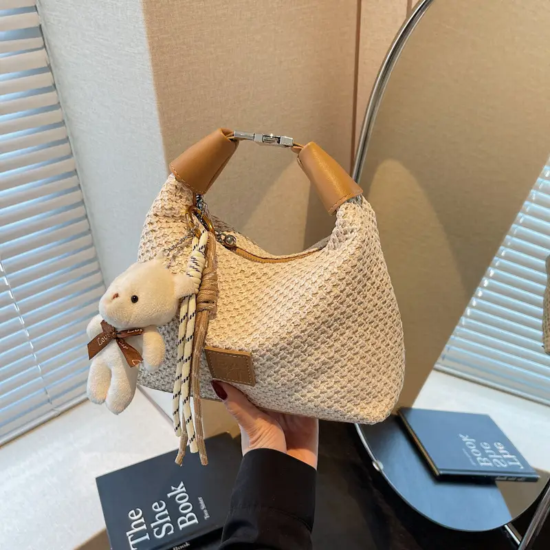 Women's Straw Shoulder Bag with Cute Bear Charm - Image 2