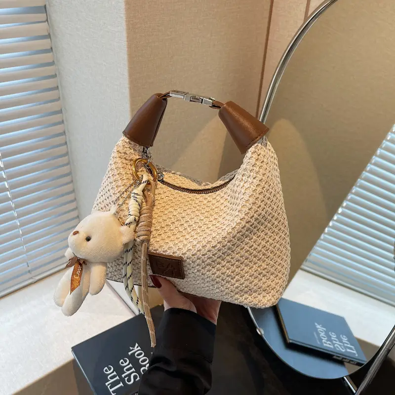 Women's Straw Shoulder Bag with Cute Bear Charm - Image 3