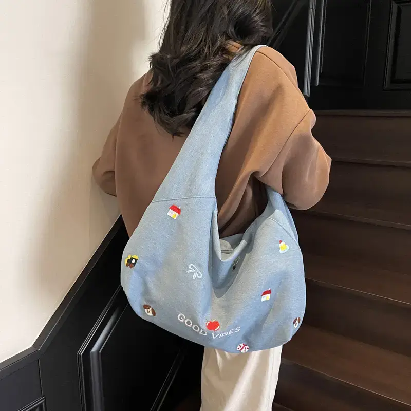 Light Blue Embroidered Shoulder Bag for Women - Image 7