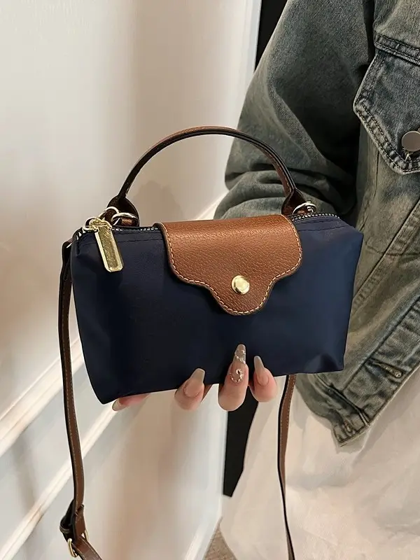 Small Square Shoulder Bag for Women Navy Brown Gold Clasp - Image 9