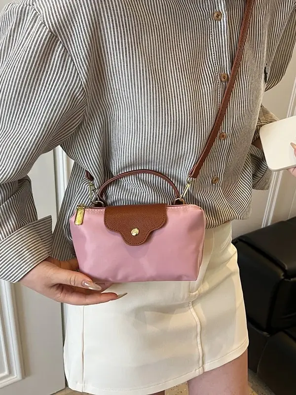 Small Square Shoulder Bag for Women Navy Brown Gold Clasp - Image 11