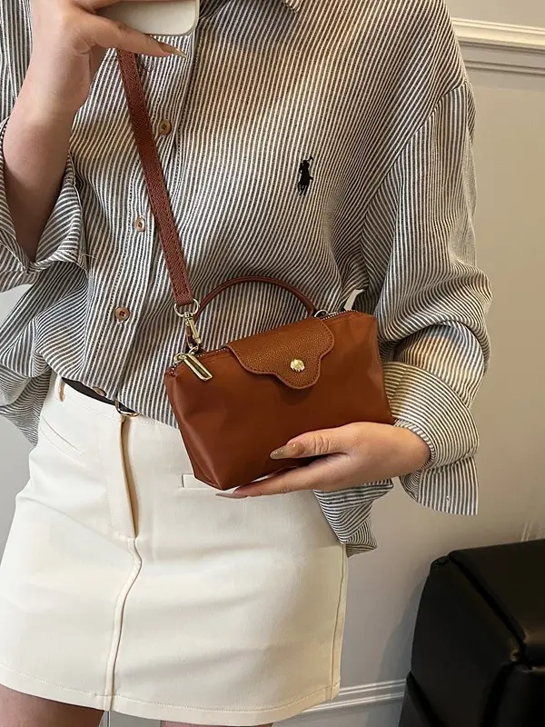 Small Square Shoulder Bag for Women Navy Brown Gold Clasp - Image 12