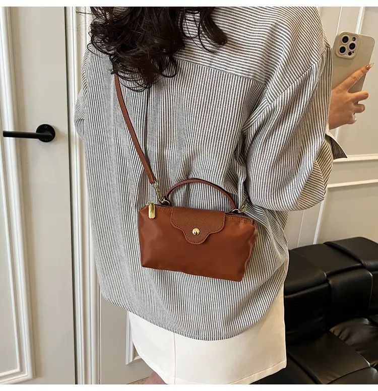 Small Square Shoulder Bag for Women Navy Brown Gold Clasp — feature 33