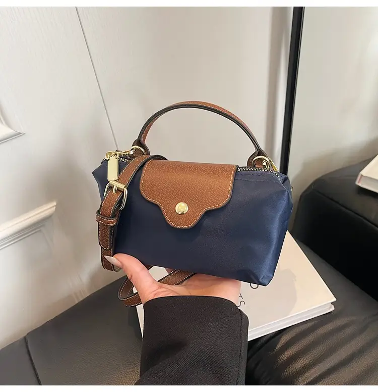Small Square Shoulder Bag for Women Navy Brown Gold Clasp — feature 41