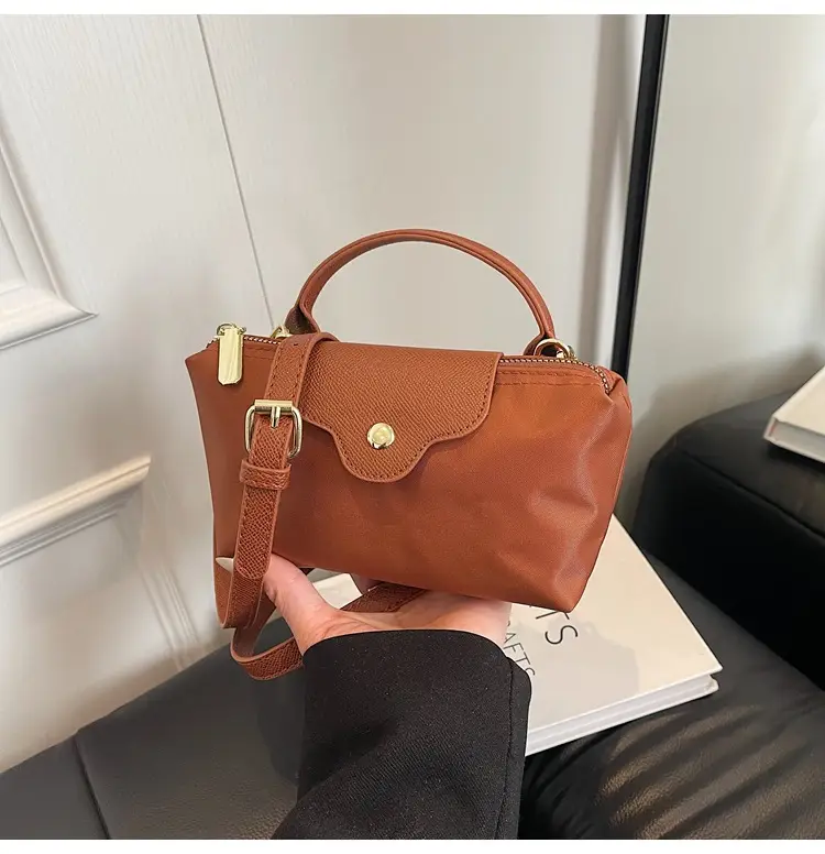 Small Square Shoulder Bag for Women Navy Brown Gold Clasp — feature 43