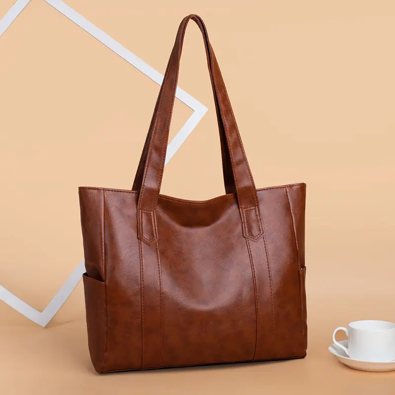 Brown Leather Tote Bag for Women Large Capacity Retro Style