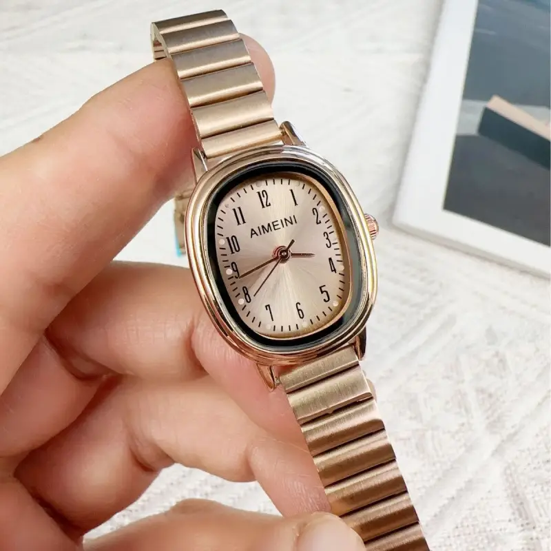 Women's Oval Disc Quartz Watch with Gold Steel Band - Image 4