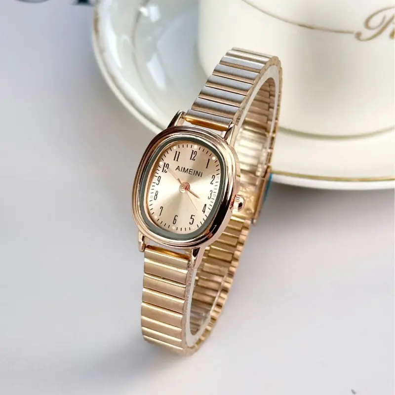 Women's Oval Disc Quartz Watch with Gold Steel Band - Image 5