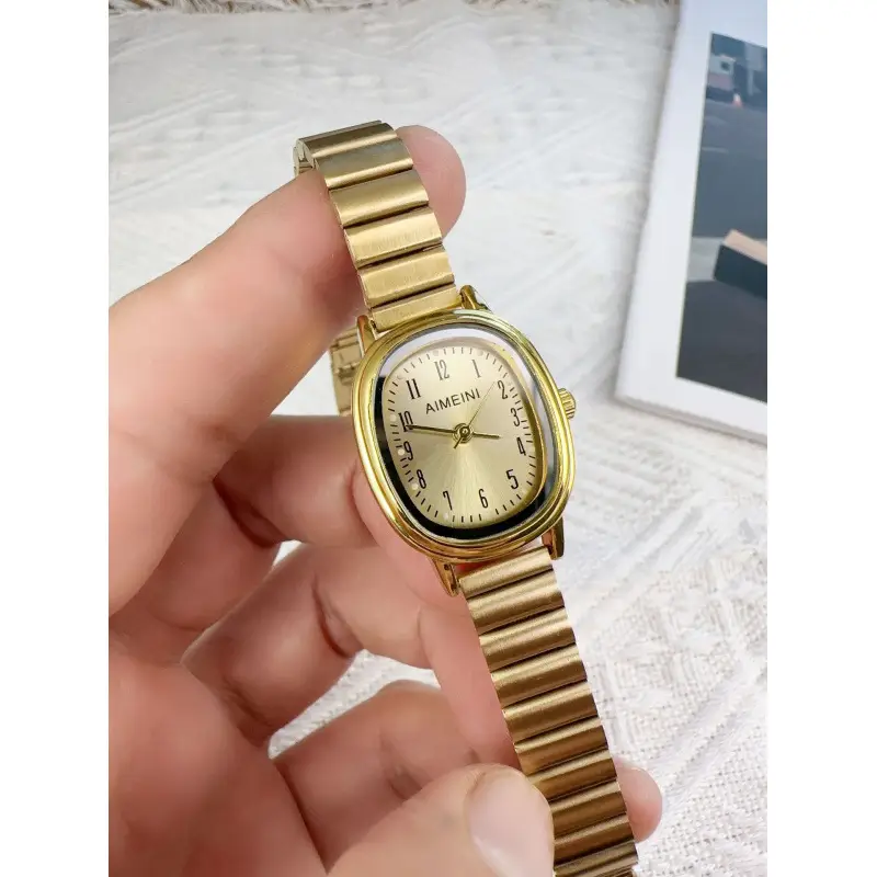 Women's Oval Disc Quartz Watch with Gold Steel Band - Image 2