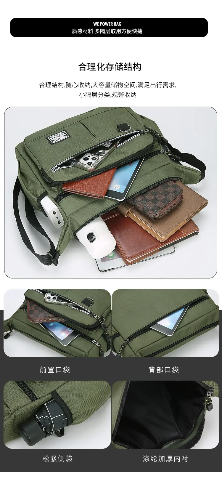 Waterproof Multi-Pocket Business Shoulder Bag Green — feature 9
